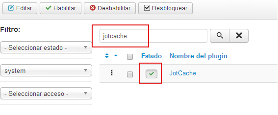 configuración plugin jotcache Joomla velocidad