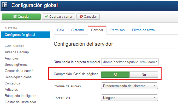 compresión gzip optimización velocidad joomla